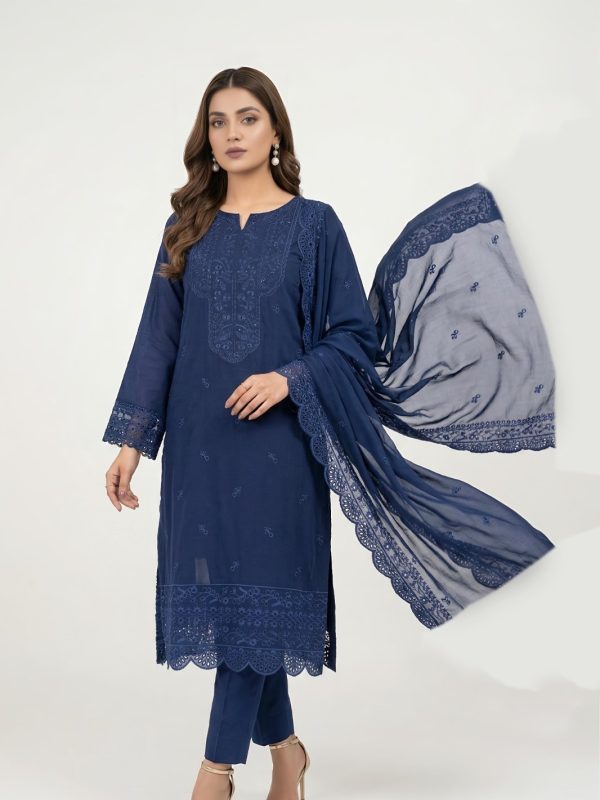 3-Piece Premium Embroidered Lawn Suit with Voile Embroidered Dupatta in Blue | Luxury Pret Collection | Bin Nisar Pakistan...