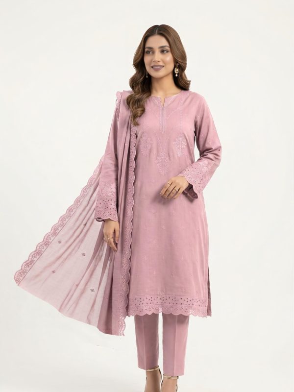 3-Piece Premium Embroidered Lawn Suit with Voile Embroidered Dupatta in Pink | Luxury Pret Collection | Bin Nisar Pakistan...