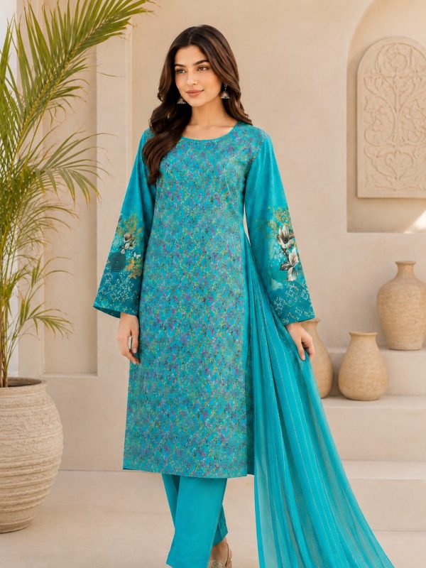 3PC Digital Fully EMB Paper Print Lawn | Unstitched Collection | Bin Nisar Pakistani Clothing